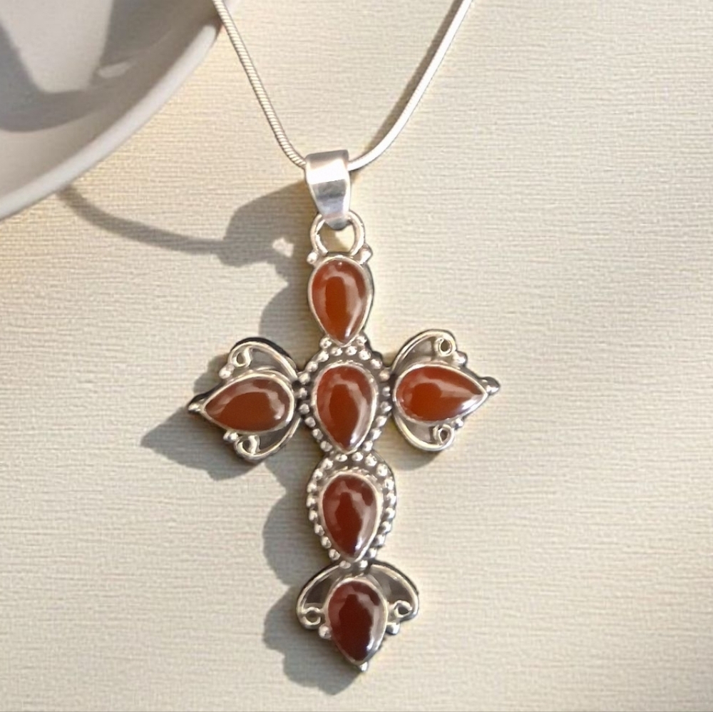 CARNELIAN CROSS PENDANT 925 STERLING SILVER